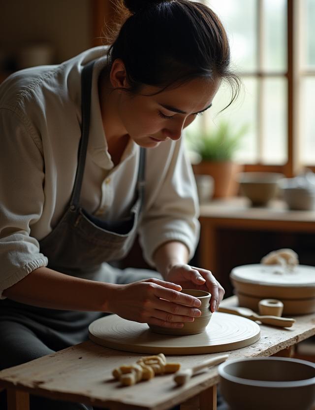 神楽坂の工房で陶芸作品に集中する職人。