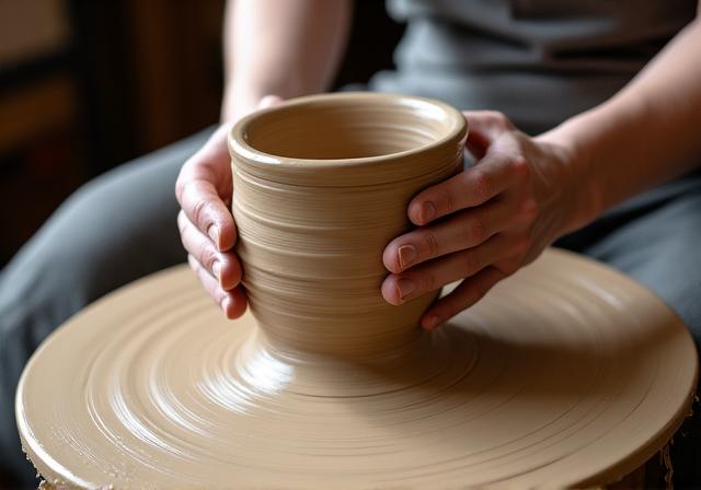 ろくろの上で形作られている途中の粘土。