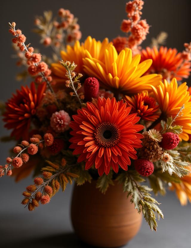 秋の色彩豊かなフラワーアレンジメント。